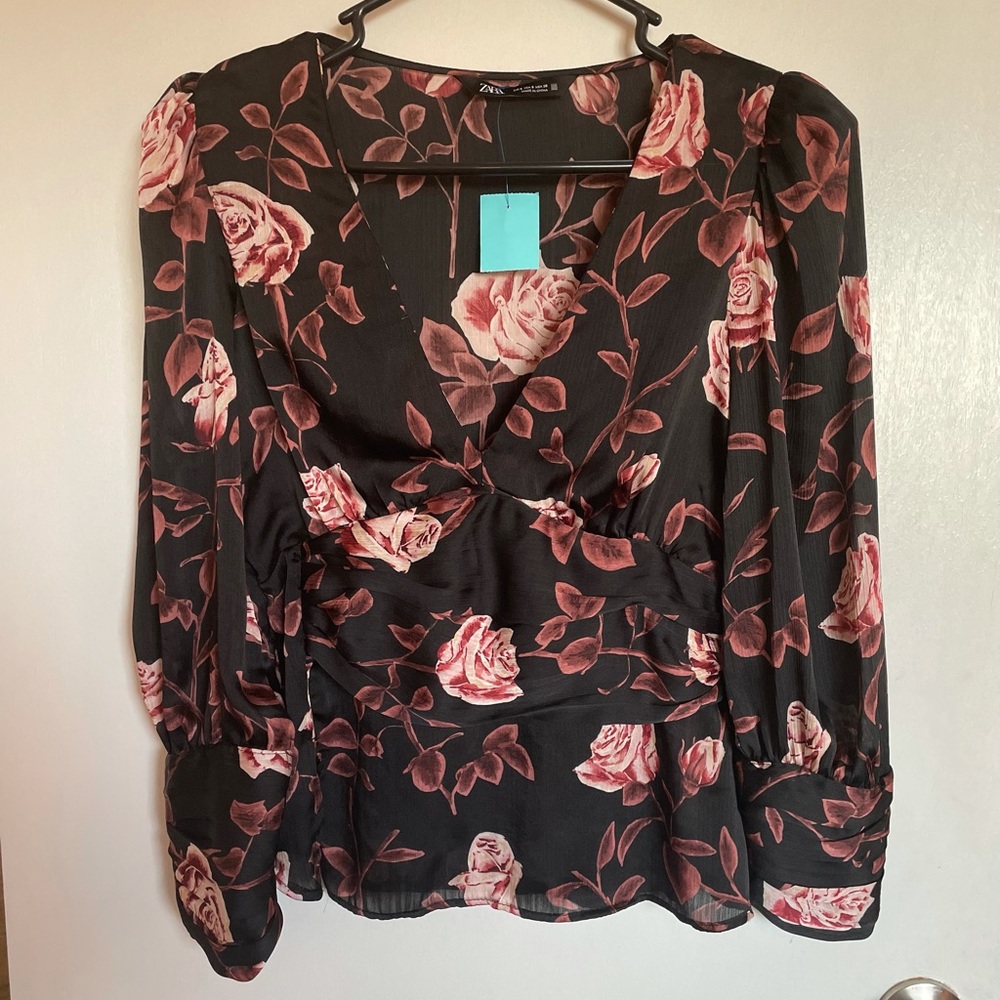 Zara Floral V-Neck Blouse - Size S